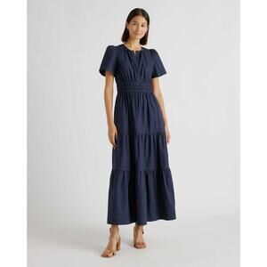 Quince Womens Navy 100% Organic Cotton Poplin Tiered Maxi Dress Small